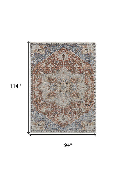 2' X 3' Burnt Orange Ivory And Blue Floral Area Rug With Fringe