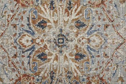 2' X 3' Burnt Orange Ivory And Blue Floral Area Rug With Fringe