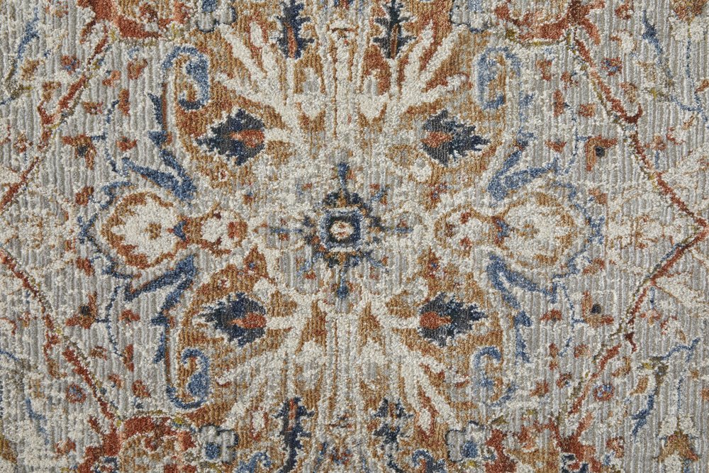 2' X 3' Burnt Orange Ivory And Blue Floral Area Rug With Fringe