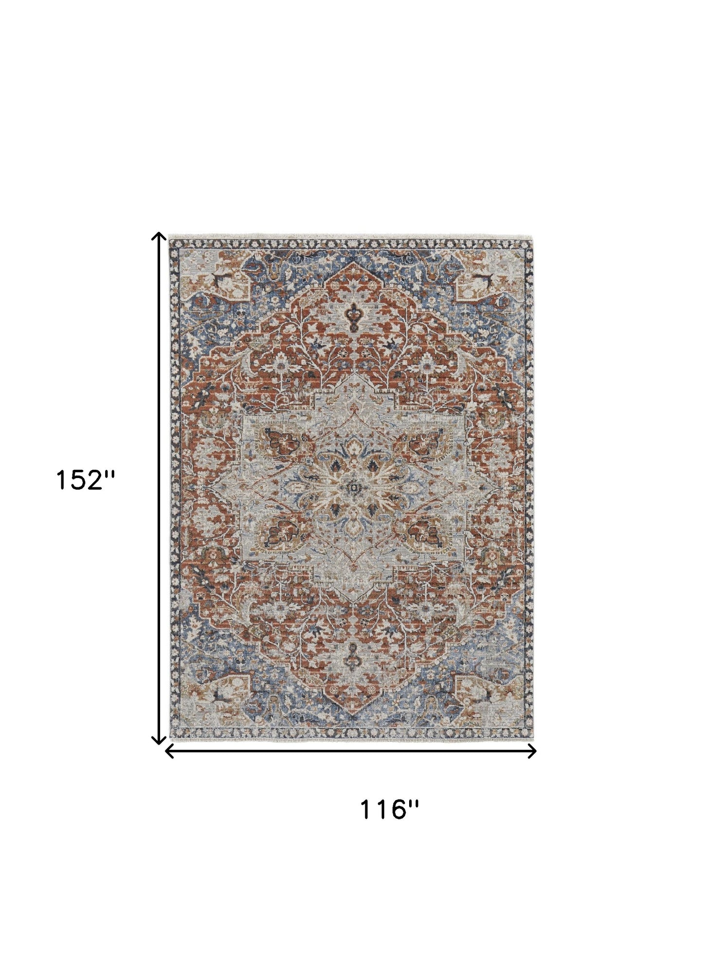 5' X 8' Orange Ivory And Blue Floral Power Loom Area Rug With Fringe