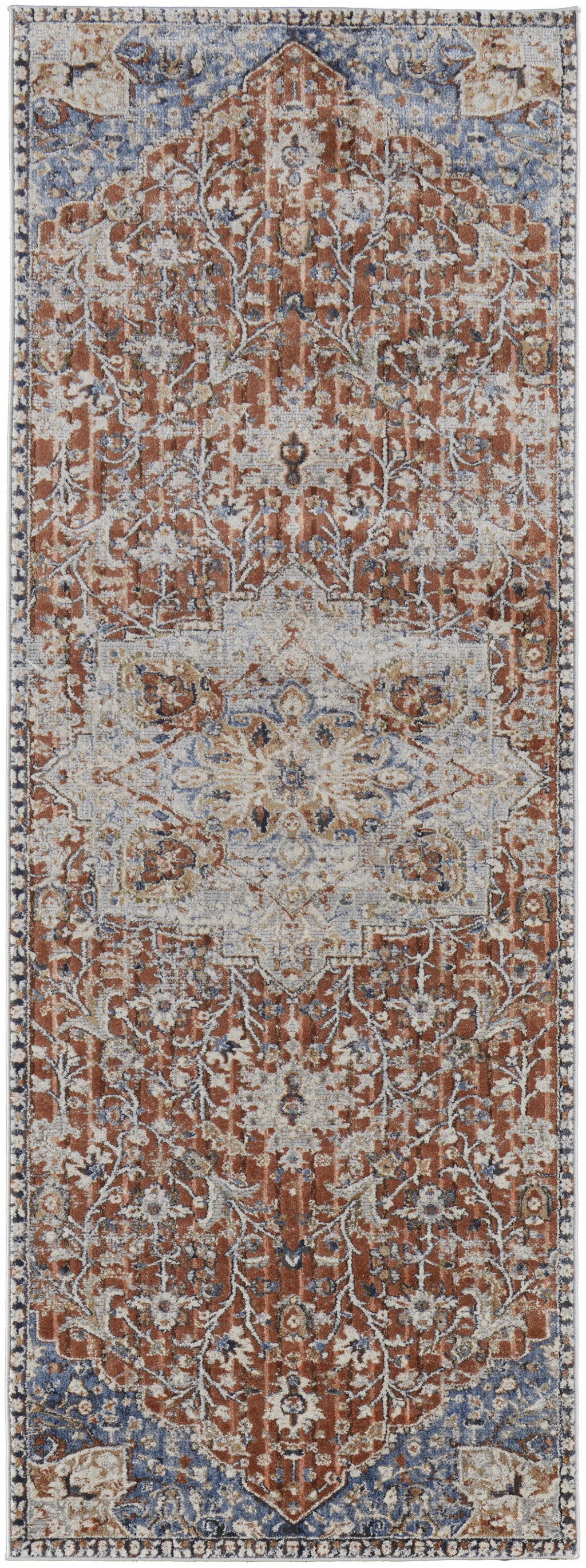 5' X 8' Orange Ivory And Blue Floral Power Loom Area Rug With Fringe