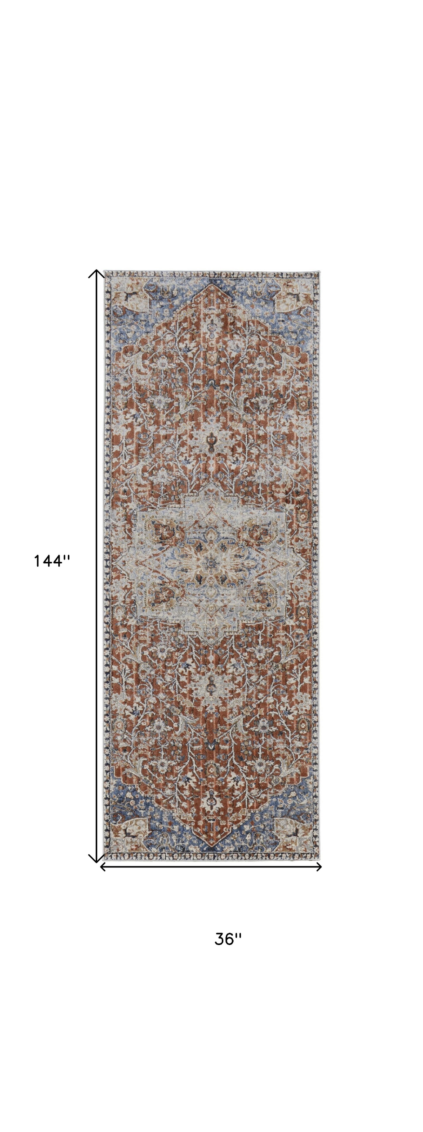 5' X 8' Orange Ivory And Blue Floral Power Loom Area Rug With Fringe