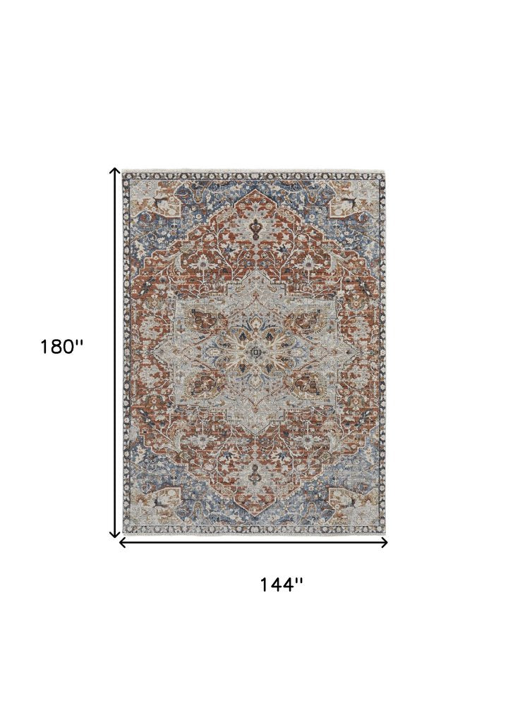 12' X 15' Burnt Orange Ivory And Blue Floral Area Rug With Fringe