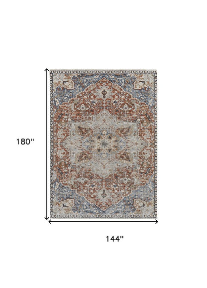 12' X 15' Burnt Orange Ivory And Blue Floral Area Rug With Fringe