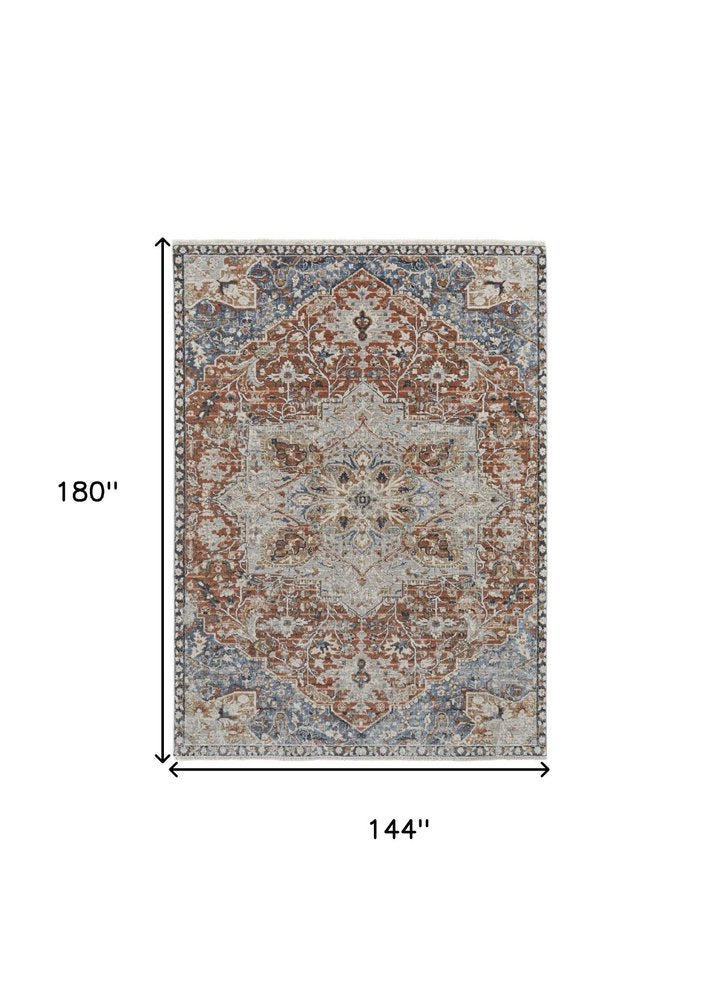 12' X 15' Burnt Orange Ivory And Blue Floral Area Rug With Fringe