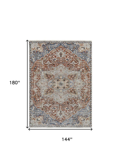 12' X 15' Burnt Orange Ivory And Blue Floral Area Rug With Fringe