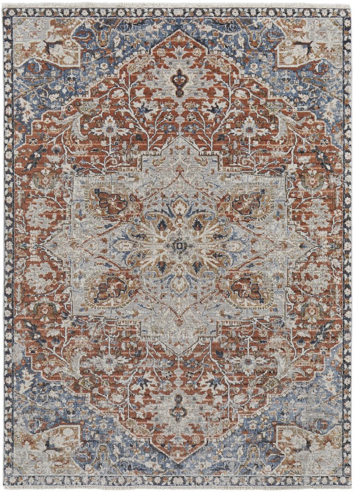 12' X 15' Burnt Orange Ivory And Blue Floral Area Rug With Fringe