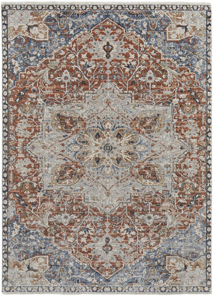 12' X 15' Burnt Orange Ivory And Blue Floral Area Rug With Fringe