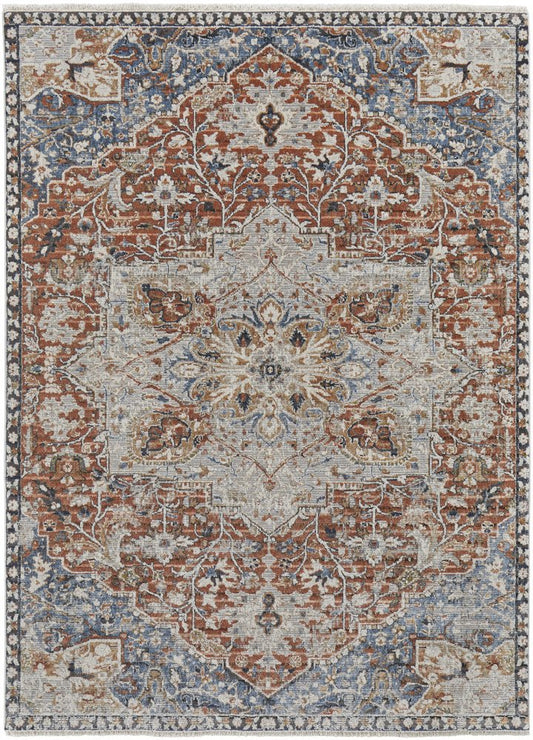 12' X 15' Burnt Orange Ivory And Blue Floral Area Rug With Fringe
