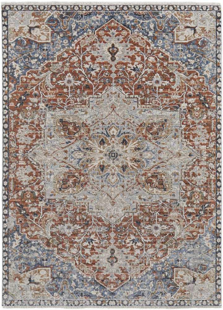 12' X 15' Burnt Orange Ivory And Blue Floral Area Rug With Fringe