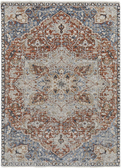 12' X 15' Burnt Orange Ivory And Blue Floral Area Rug With Fringe