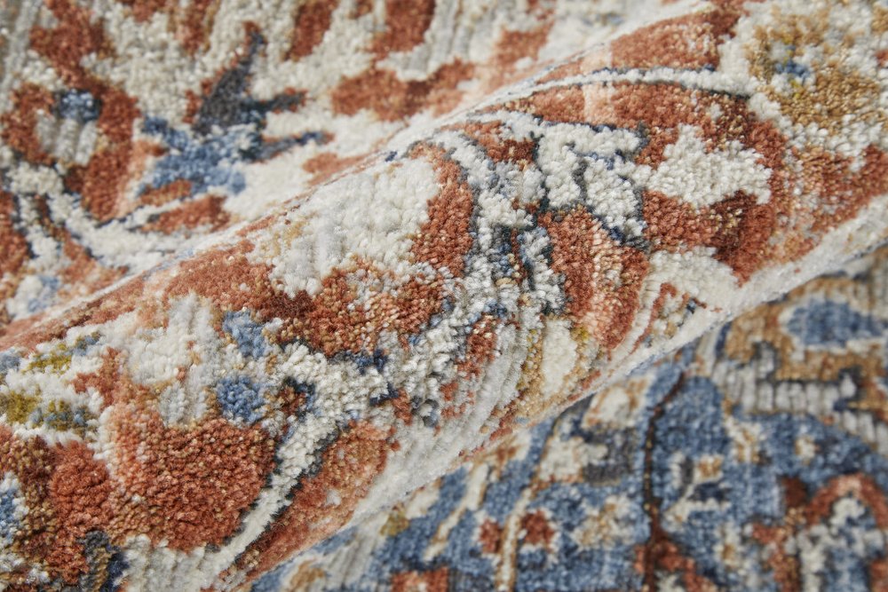 12' X 15' Burnt Orange Ivory And Blue Floral Area Rug With Fringe