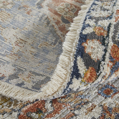 12' X 15' Burnt Orange Ivory And Blue Floral Area Rug With Fringe