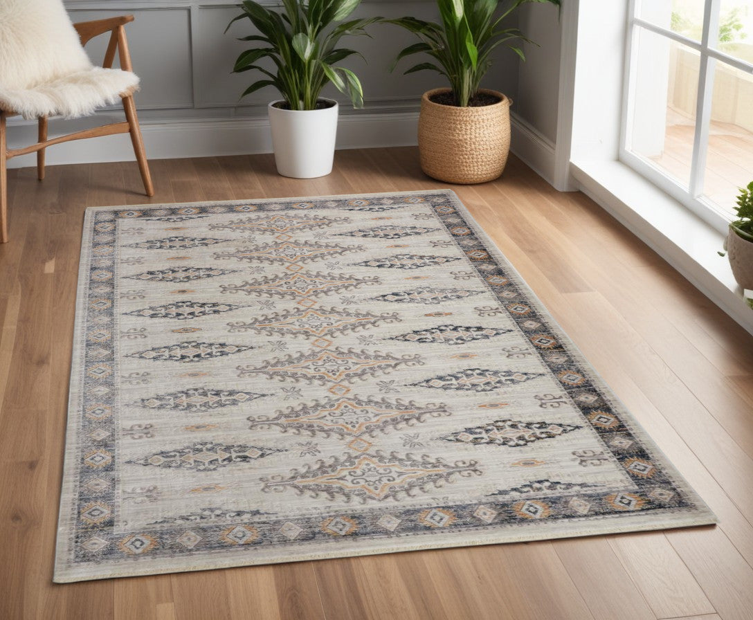 8' X 10' Gray Blue And Orange Floral Stain Resistant Area Rug