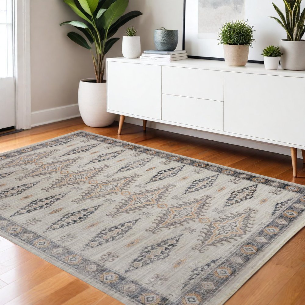 4' X 6' Ivory Black And Gray Oriental Area Rug
