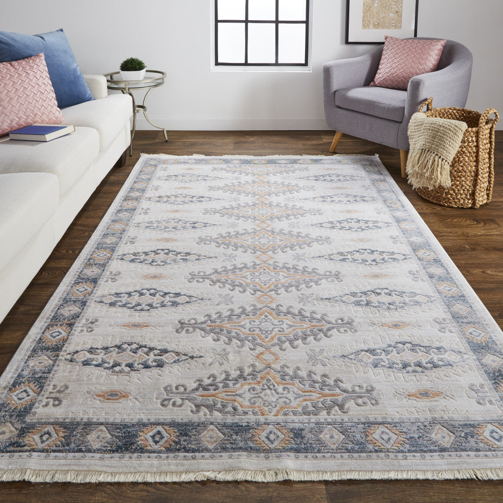 8' X 10' Gray Blue And Orange Floral Stain Resistant Area Rug