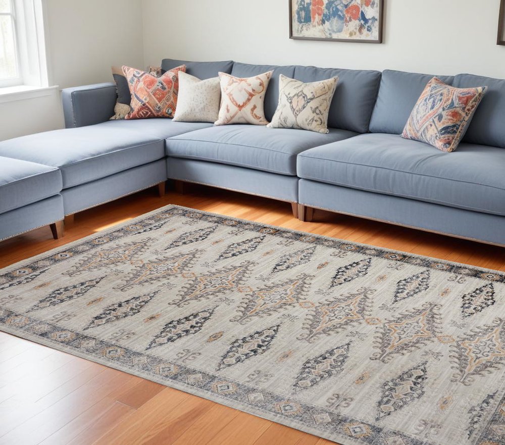 4' X 6' Ivory Black And Gray Oriental Area Rug