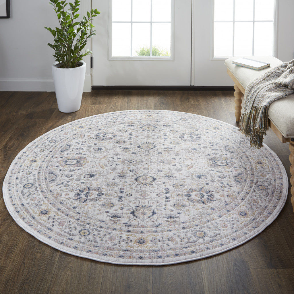 6' Tan Ivory And Blue Round Floral Stain Resistant Area Rug