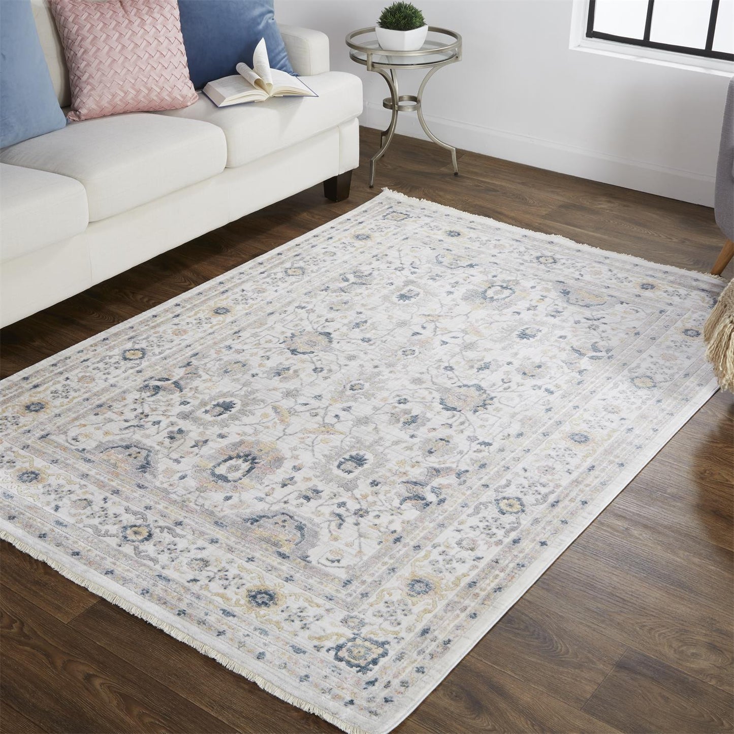 6' Tan Ivory And Blue Round Floral Stain Resistant Area Rug