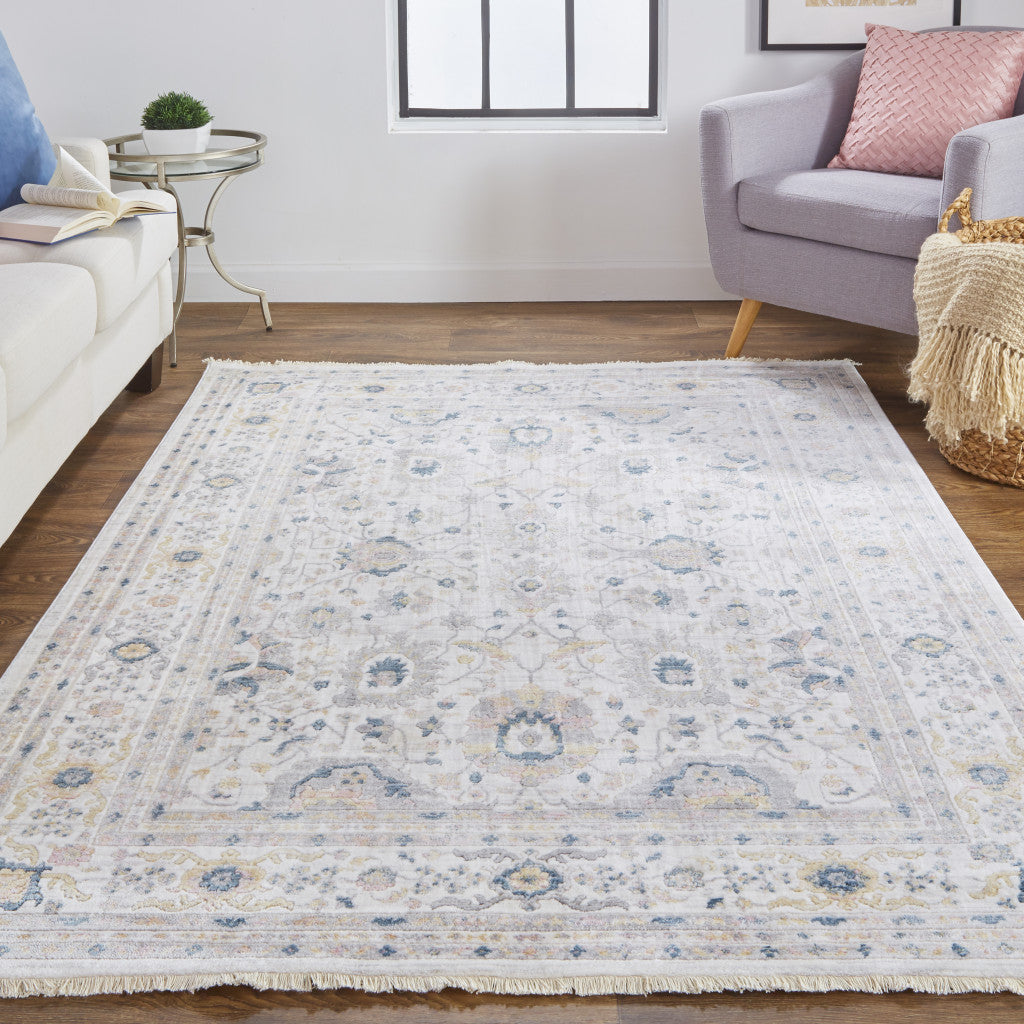 6' Tan Ivory And Blue Round Floral Stain Resistant Area Rug