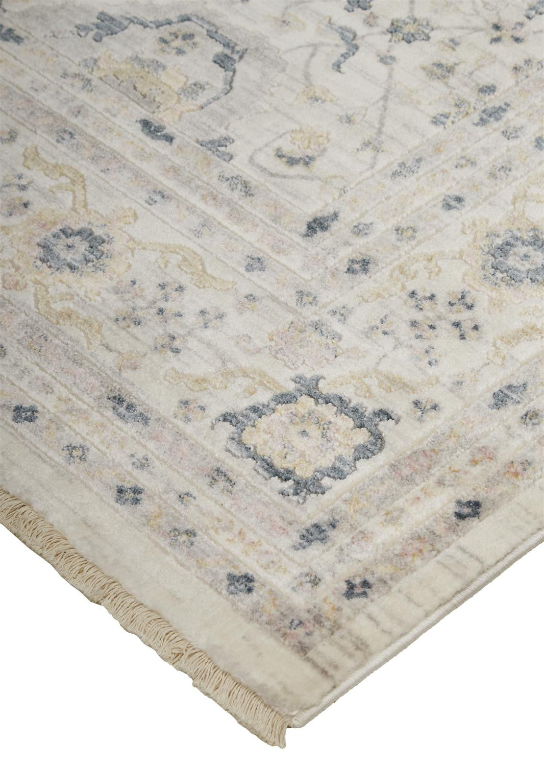 6' Tan Ivory And Blue Round Floral Stain Resistant Area Rug