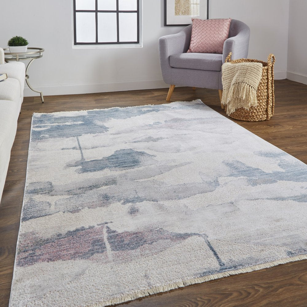 9' X 13' Ivory Blue And Pink Abstract Stain Resistant Area Rug