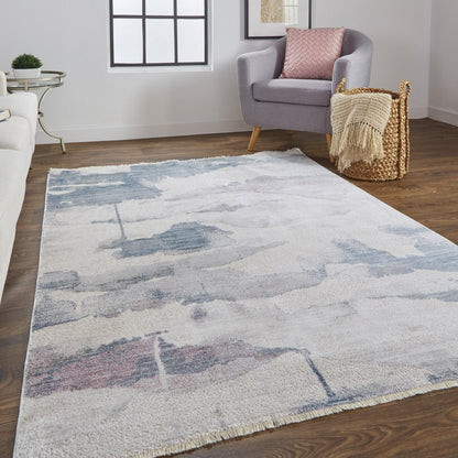 9' X 13' Ivory Blue And Pink Abstract Stain Resistant Area Rug