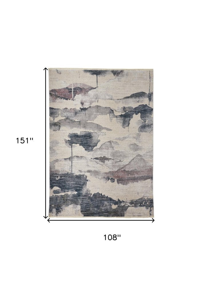9' X 13' Ivory Blue And Pink Abstract Stain Resistant Area Rug