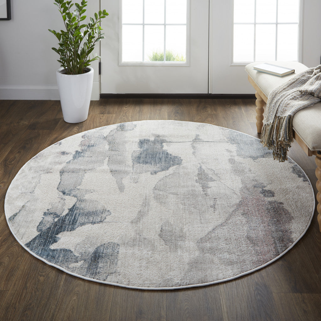 6' Ivory Blue And Pink Round Abstract Stain Resistant Area Rug