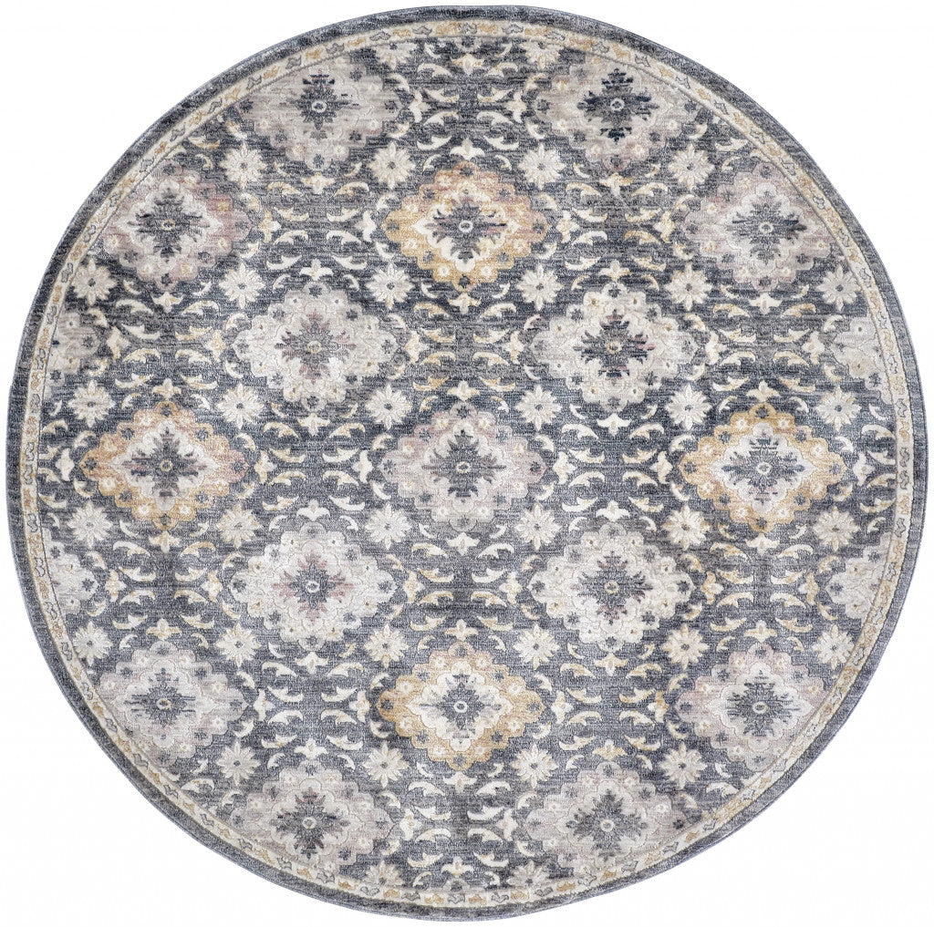 6' Blue And Gold Round Floral Stain Resistant Area Rug