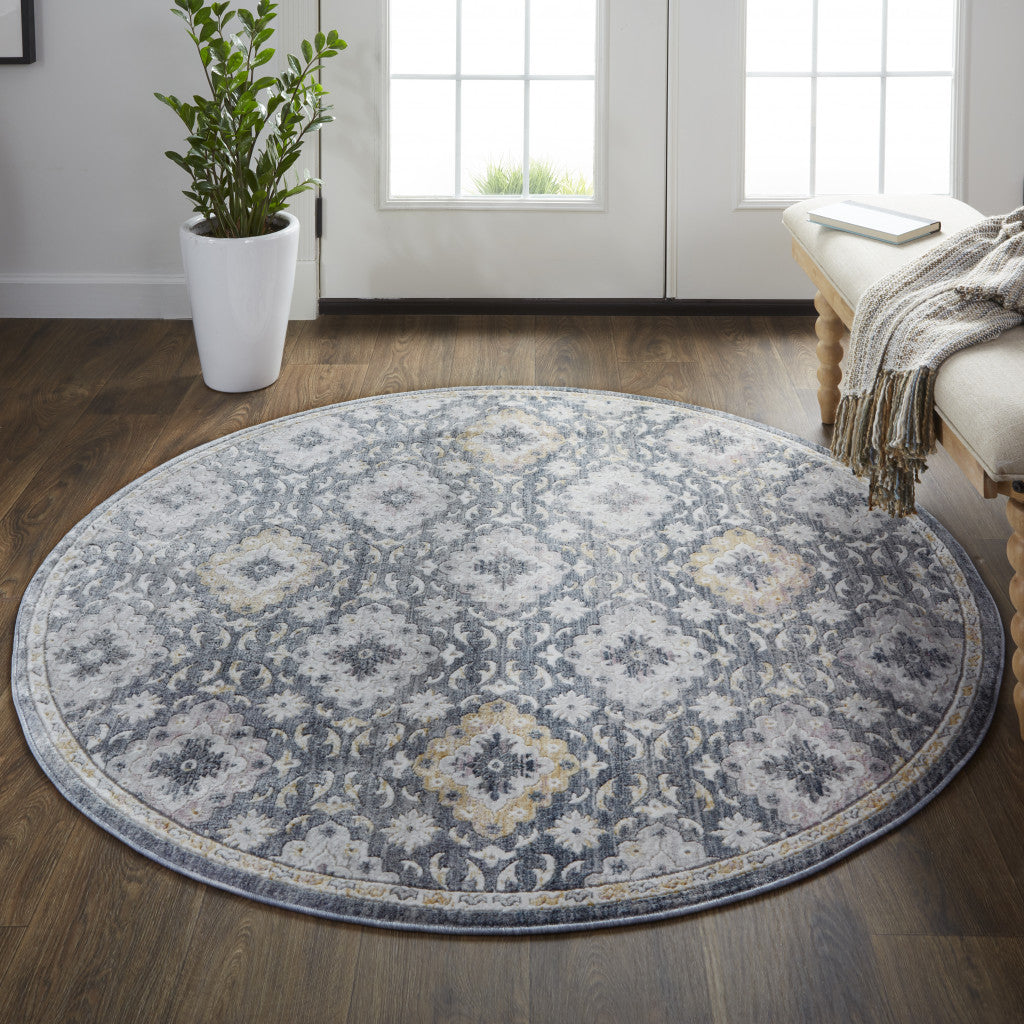 6' Blue And Gold Round Floral Stain Resistant Area Rug