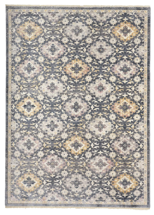 6' Blue And Gold Round Floral Stain Resistant Area Rug