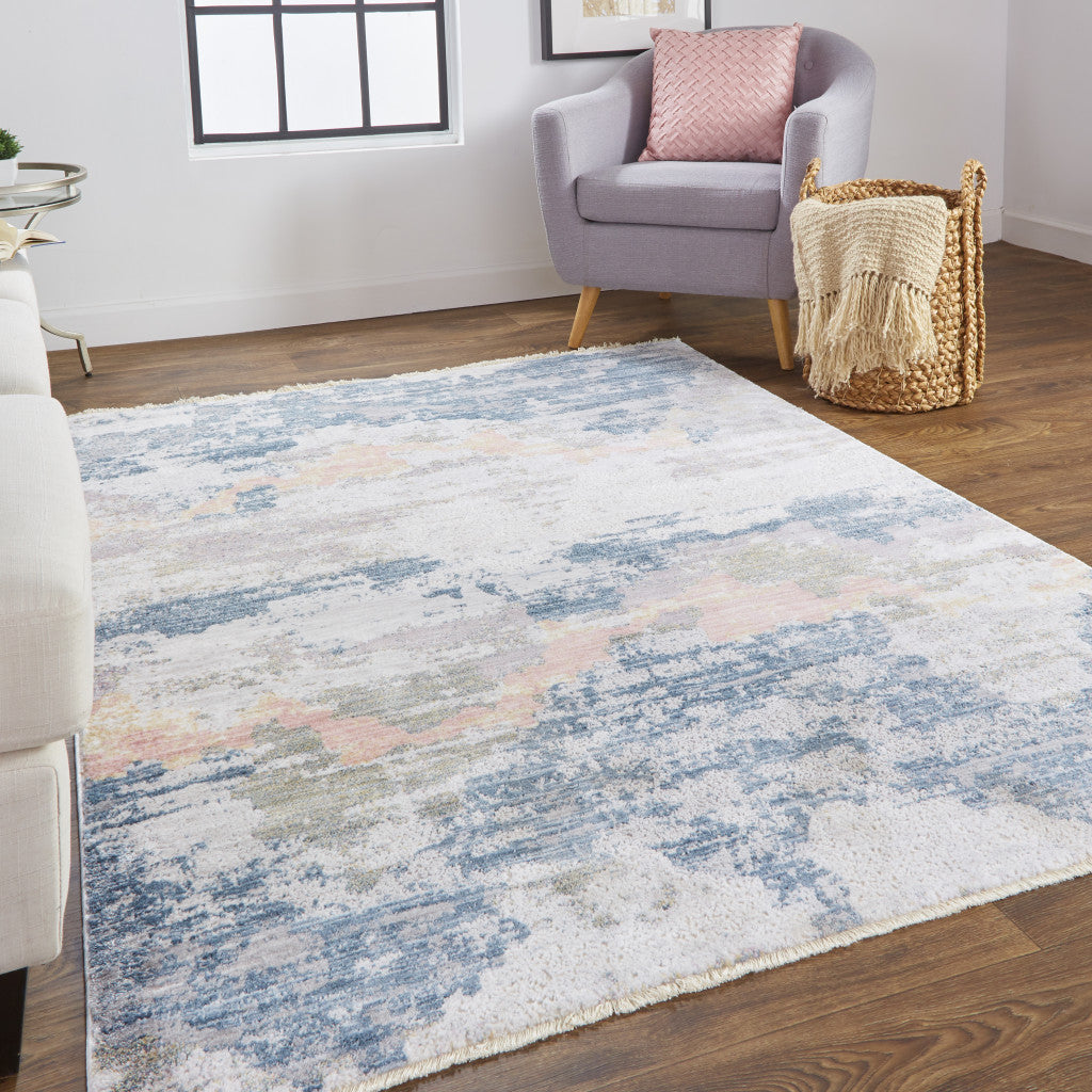 8' X 10' Blue Gray And Ivory Abstract Stain Resistant Area Rug