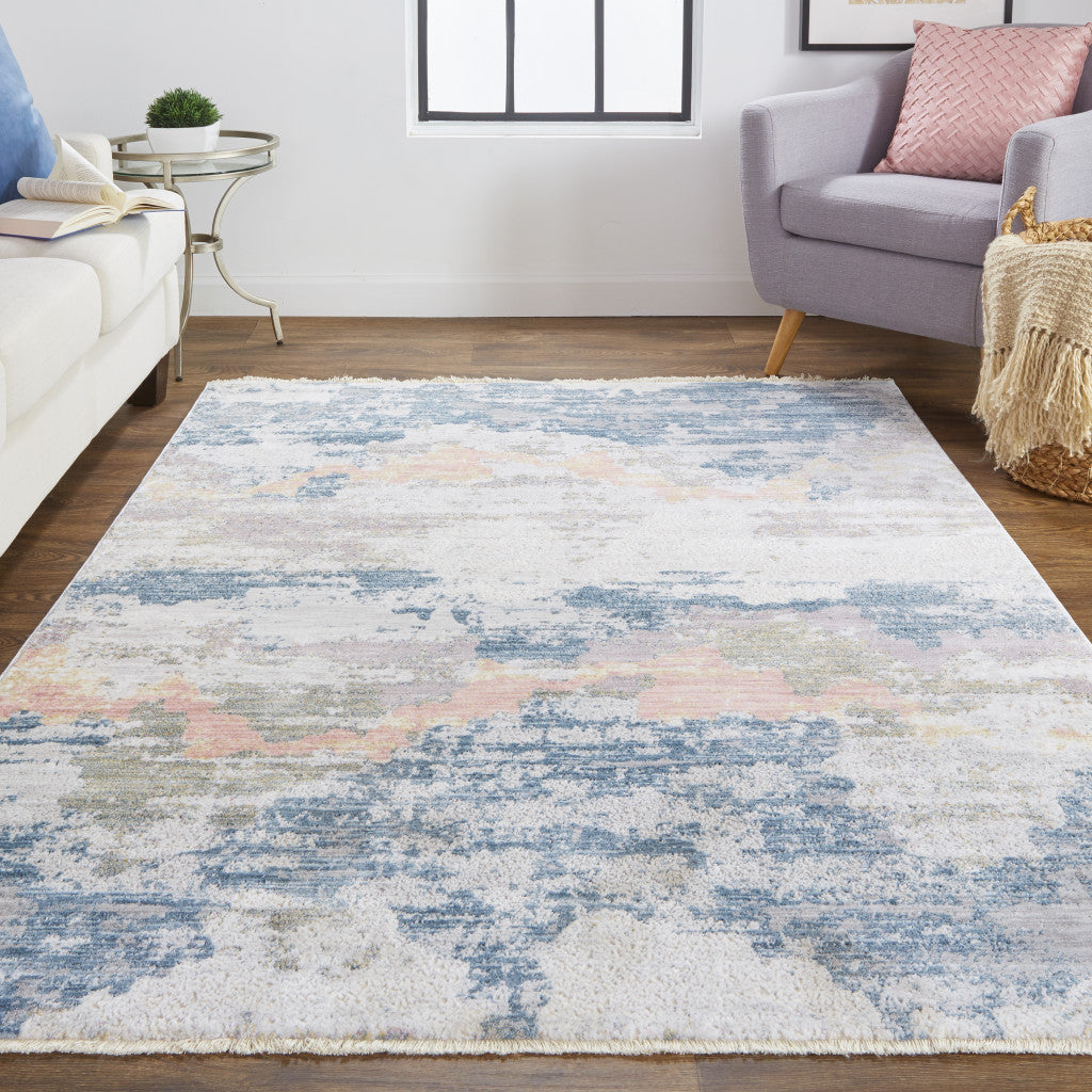 8' X 10' Blue Gray And Ivory Abstract Stain Resistant Area Rug