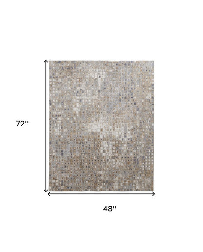 5' X 8' Tan Ivory And Blue Geometric Distressed Area Rug