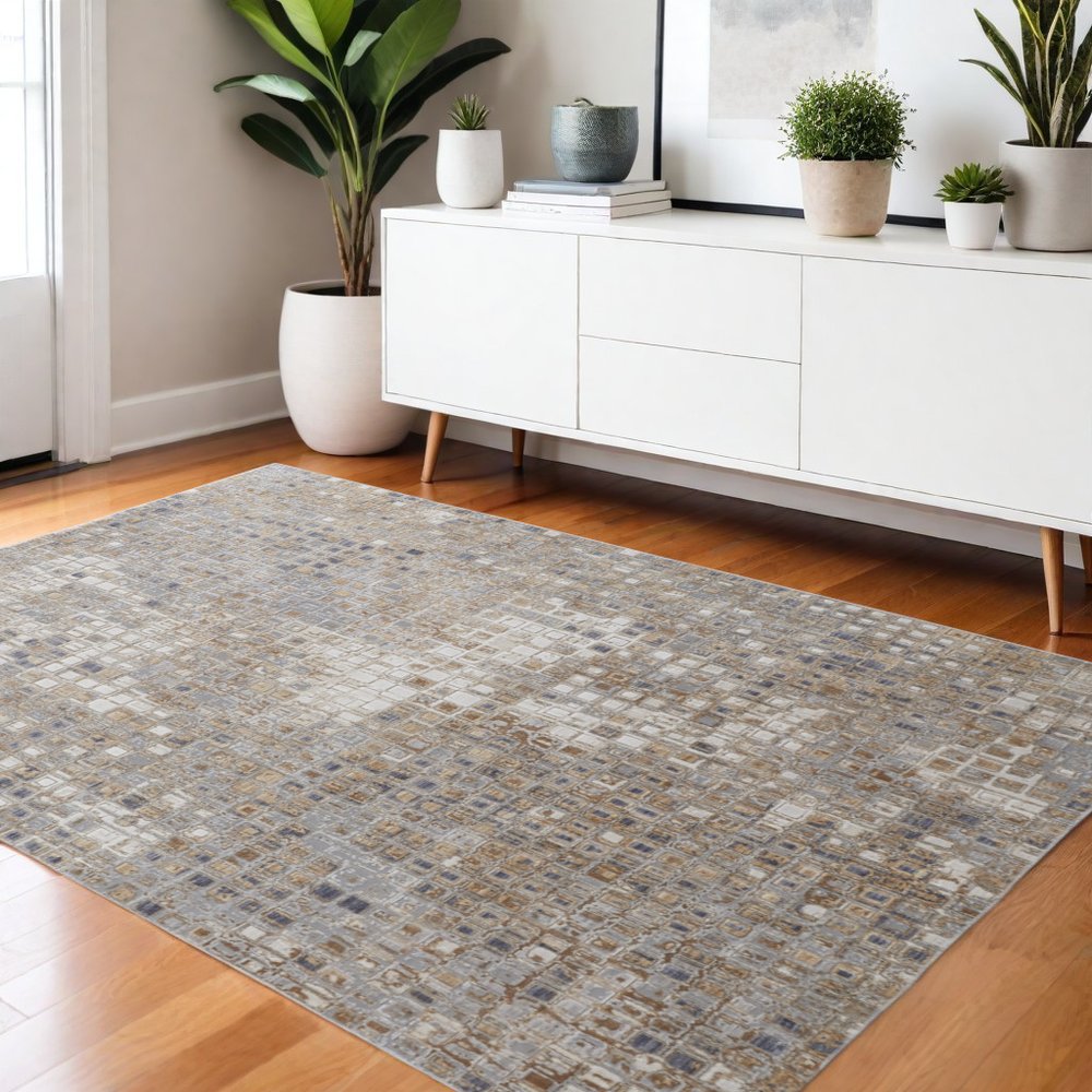 10' Tan Ivory And Blue Geometric Distressed Runner Rug
