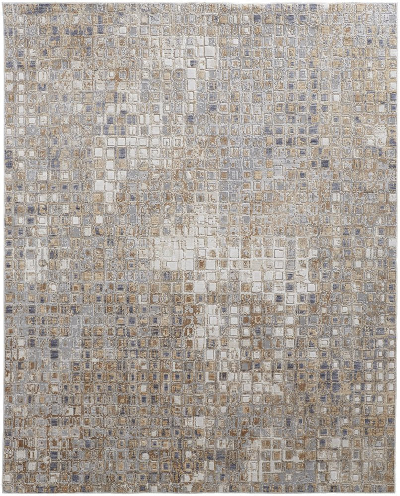 10' Tan Ivory And Blue Geometric Distressed Runner Rug