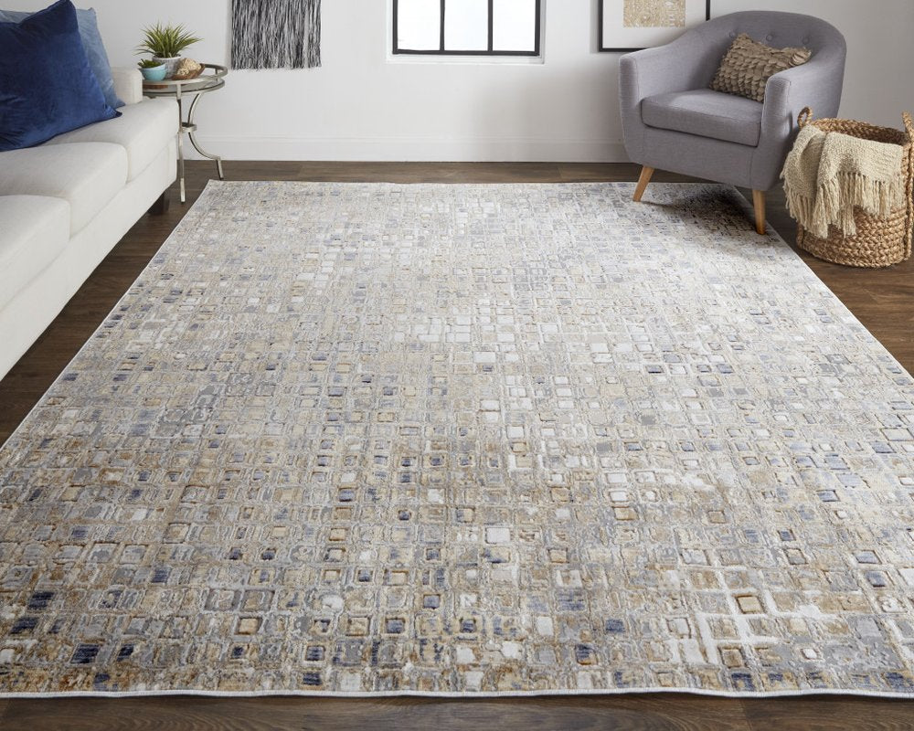 10' X 13' Tan Ivory And Blue Geometric Distressed Area Rug