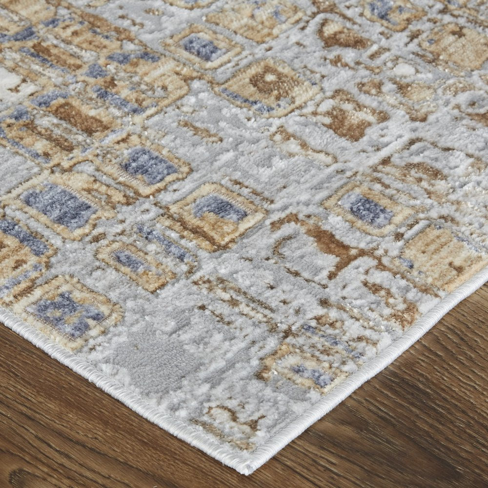 10' Tan Ivory And Blue Geometric Distressed Runner Rug