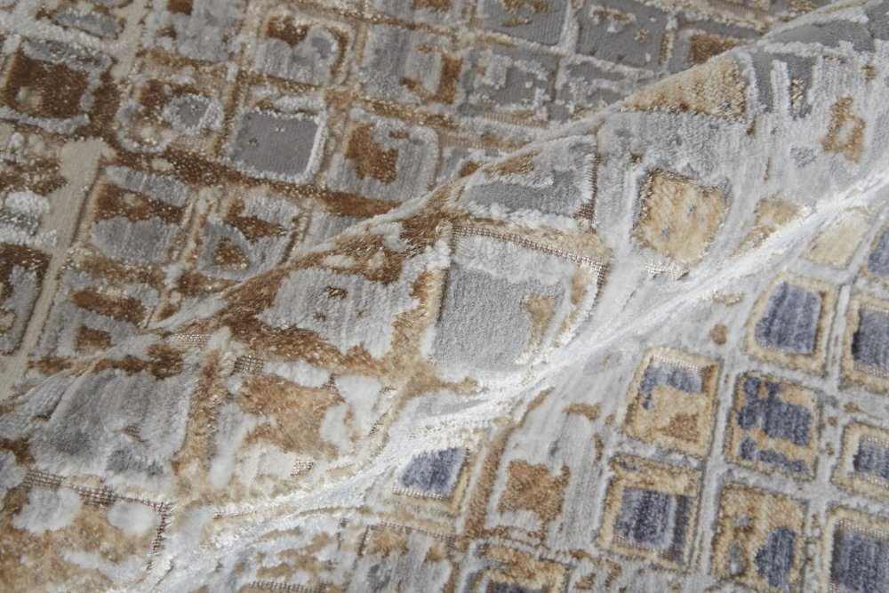 10' Tan Ivory And Blue Geometric Distressed Runner Rug