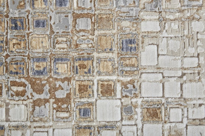 10' Tan Ivory And Blue Geometric Distressed Runner Rug