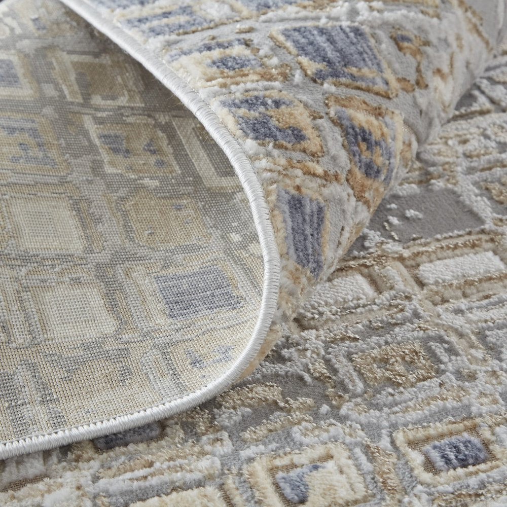 10' Tan Ivory And Blue Geometric Distressed Runner Rug