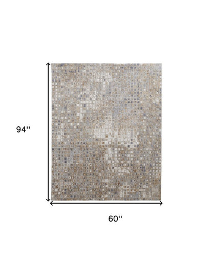 10' Tan Ivory And Blue Geometric Distressed Runner Rug