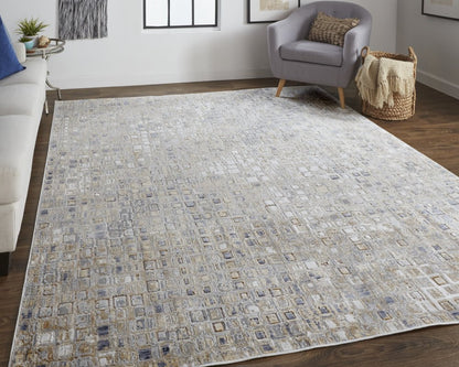 10' X 13' Tan Ivory And Blue Geometric Distressed Area Rug