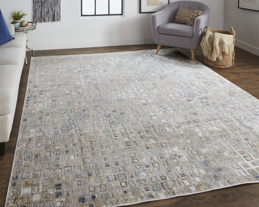 5' X 8' Tan Ivory And Blue Geometric Distressed Area Rug