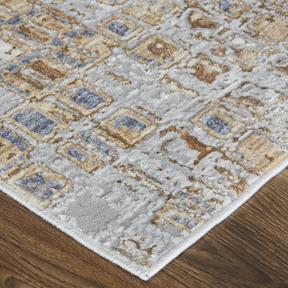 12' Tan Ivory And Blue Geometric Power Loom Distressed Runner Rug