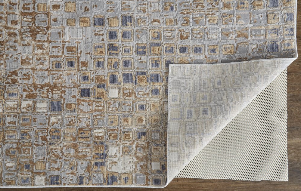 12' Tan Ivory And Blue Geometric Power Loom Distressed Runner Rug
