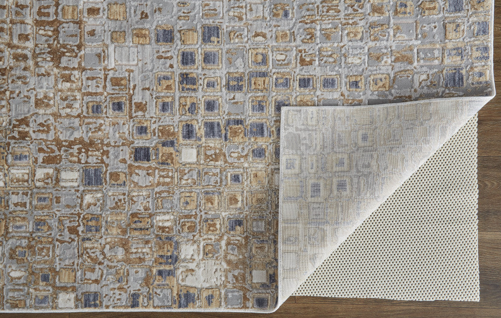 8' X 10' Tan Ivory And Blue Geometric Power Loom Distressed Area Rug