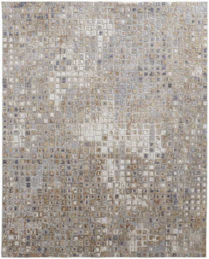 10' X 13' Tan Ivory And Blue Geometric Distressed Area Rug