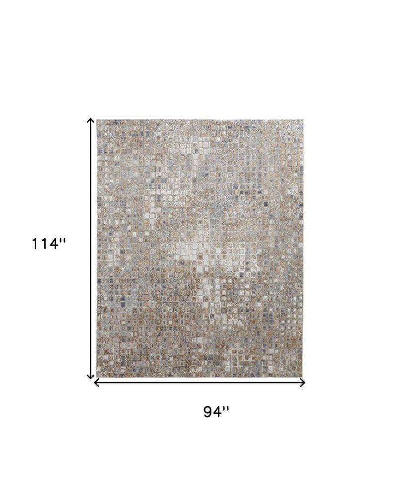 10' X 13' Tan Ivory And Blue Geometric Distressed Area Rug